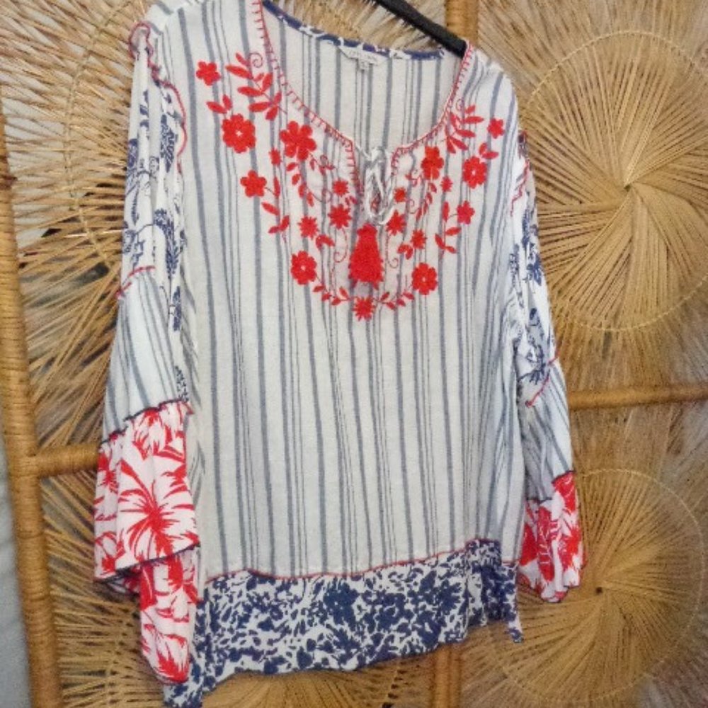 NWT John Mark Red White Blue Embroidered Tunic Bell Sleeves XL Top